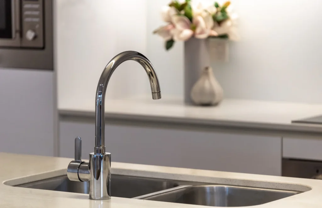 Kitchen faucet above a stainless steel sink