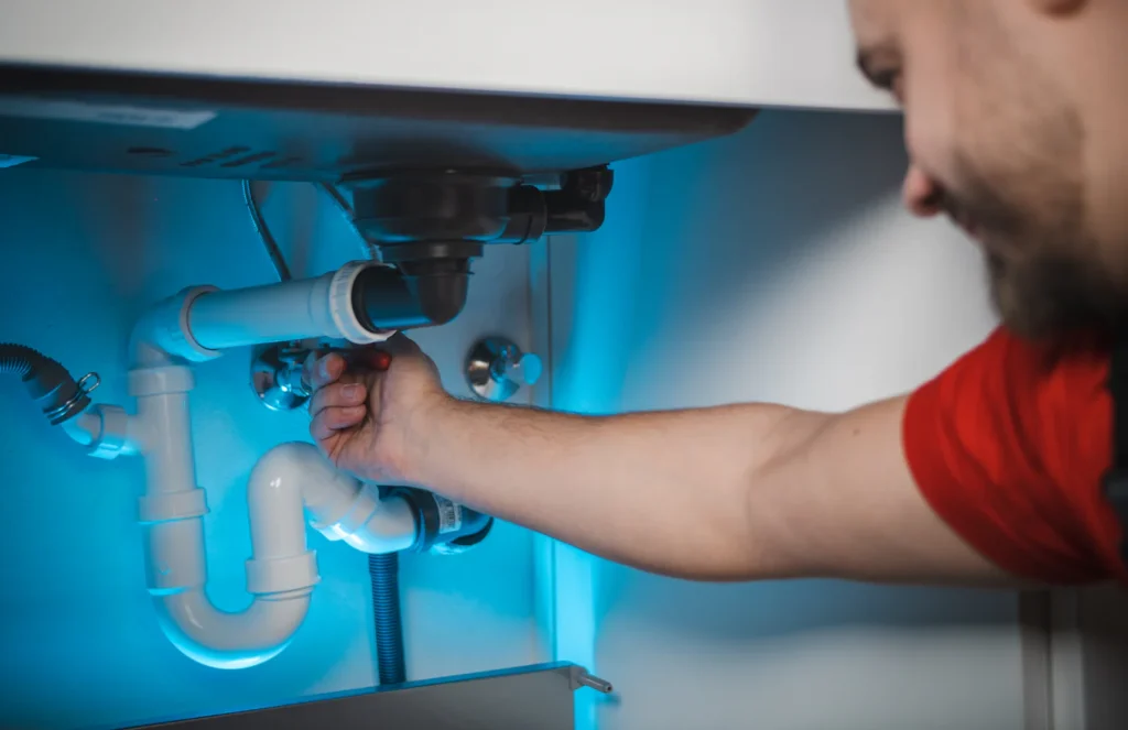 Plumber repairing a pipe under a sink